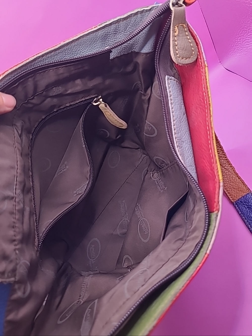 Amerileather Multicolor Panel Leather Crossbody Bag - Colorblock Red, Lavender - Picture 12 of 16